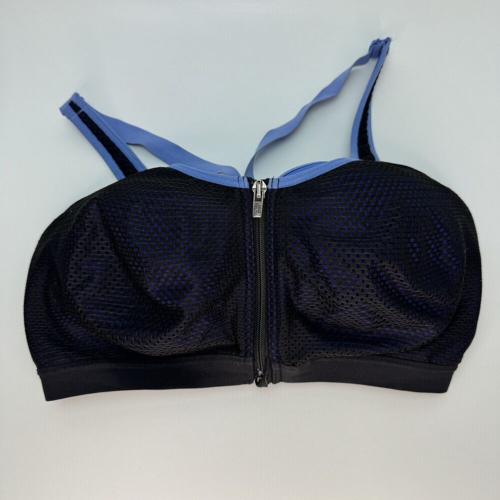 Victoria Sport Bra Zip Front Padded Mesh High Impact Workout Black Blue 36DD